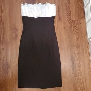 Black White Strapless Bodycon Midi Dress Ruffle Top Size L Formal Party